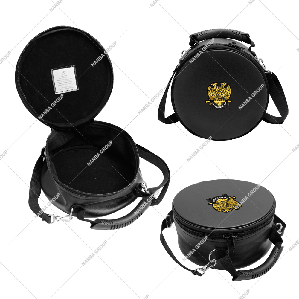 Photo-08 Masonic Scottish Rite 32 Degree Double Eagles Crown Leather Zipper Lightweight Black Soft Carry Bag Cap Case Freemason Hat - Image 1
