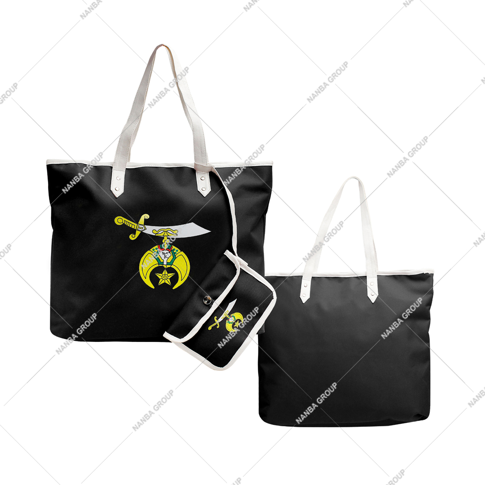 black tote bag NANBA GROUP Shriner Emblem Embroidery Black Eco-Friendly Tote Bag Codura Poly-Vinyl Shoulder Bag Zipper Closure Fashion - Image 1