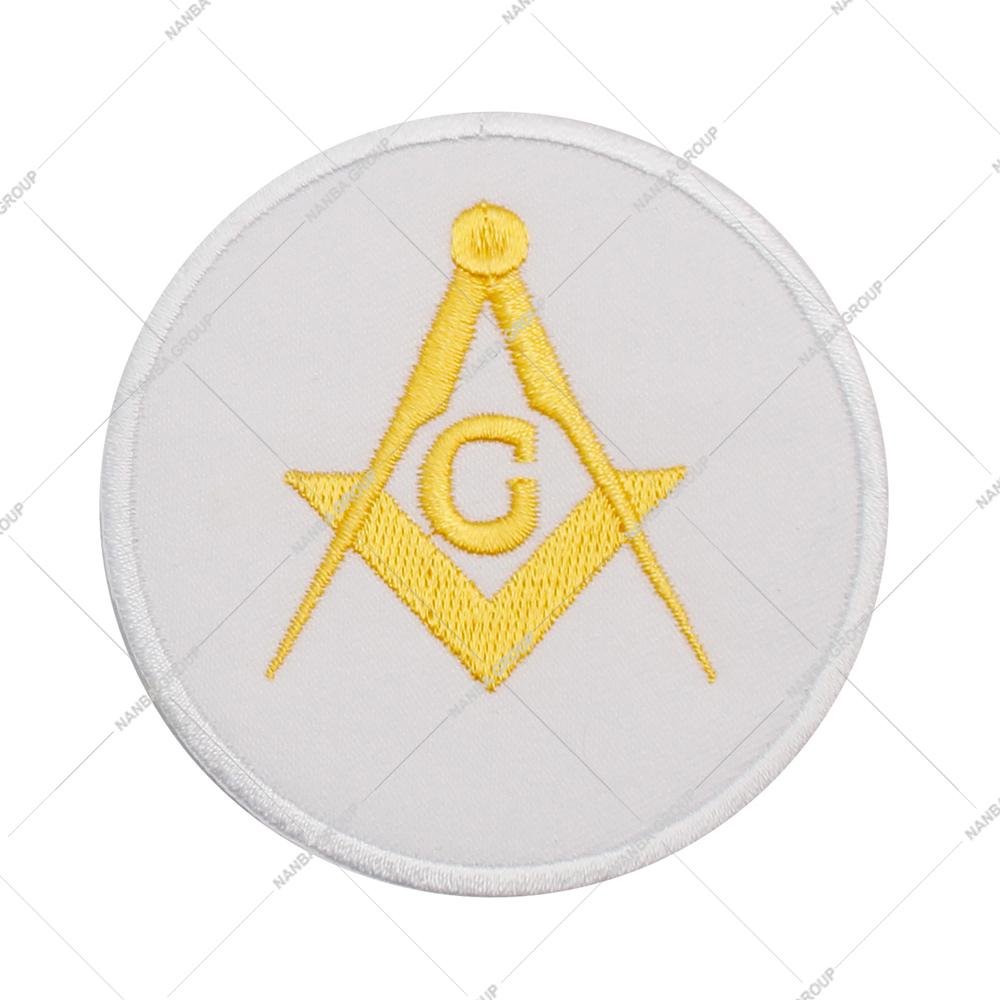 Photo-07 White and Gold Embroidered Patch is The Square & Compass Round Embroidered Masonic Patch - Image 1