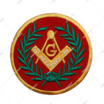 Masonic Square and Compasses Embroidered Patch Featuring Gold Emblem On Red Background Surrounded By Green Laurel Wreath