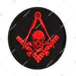 Circular Embroidered Masonic Patch Featuring Red Skull and Crossbones Emblem with Square and Compass on Black Background