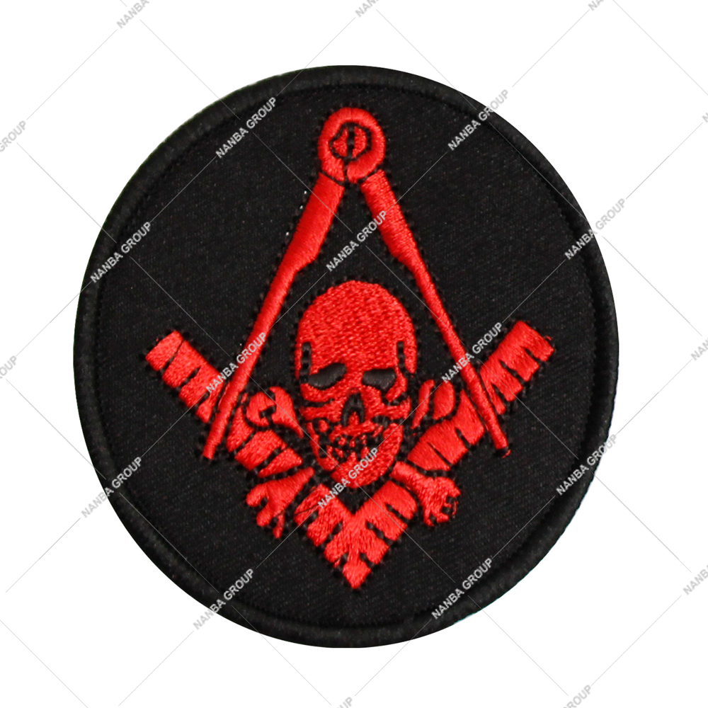 Photo-07 Circular Embroidered Masonic Patch Featuring Red Skull and Crossbones Emblem with Square and Compass on Black Background - Image 1