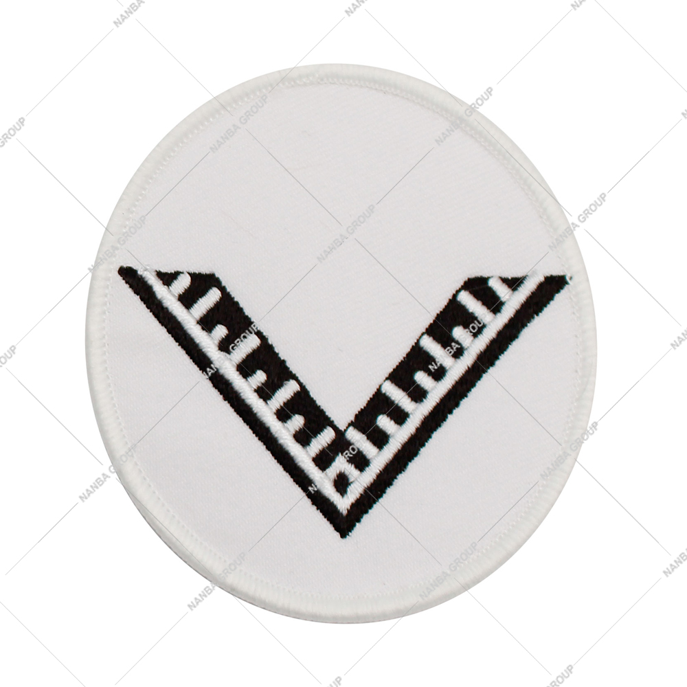 Photo-07 Embroidered Iron-On Canvas Circular Clothing Patch with Black Chevron Geometric Design on White Background for Gifts - Image 1