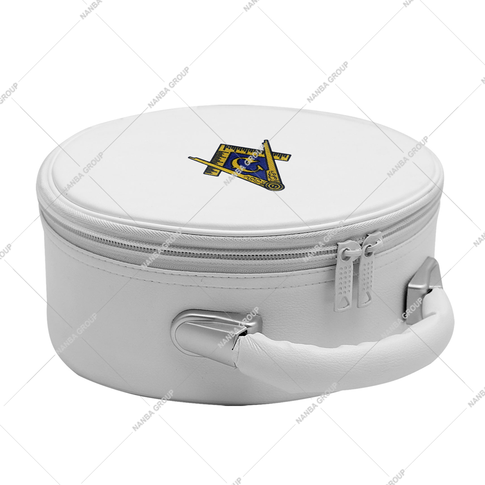 Nanba Group Watermark copy White Imitation Leather Masonic Cap Case Featuring a Gold Embroidered Square and Compasses (G) Emblem - Image 1