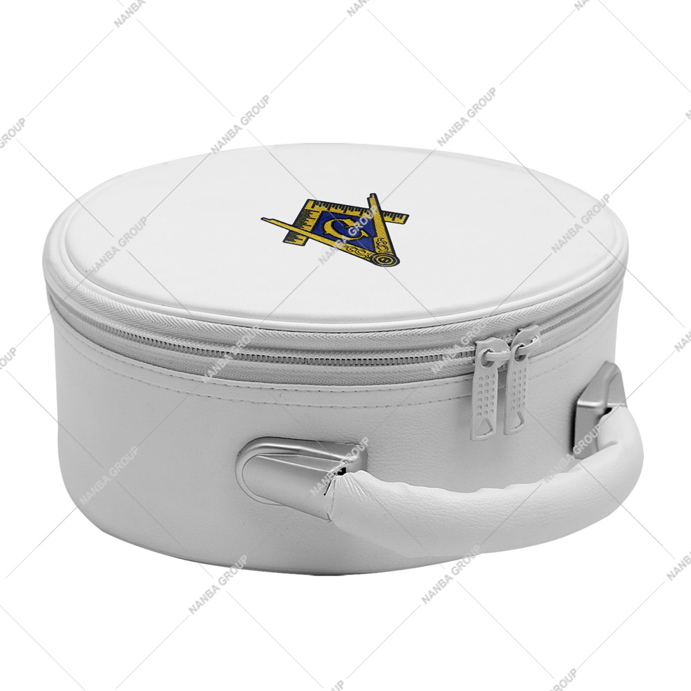 Photo-06 Master Mason Lodge Crown Cap Case - White Imitation Leather With Hand Embroidery Bullion Square and Compasses (G) - Image 1