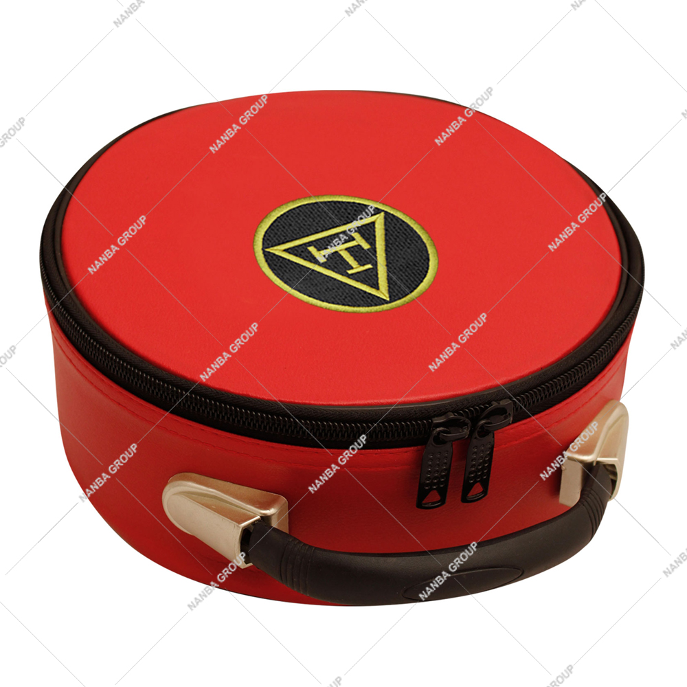 Photo-06 Red Imitation Leather Masonic Royal Arch Chapter Crown Cap Case Featuring White Embroidered Triple Tau Emblem - Image 1