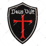Custom Embroidered Iron-On Deus Vult Templar Knight Patch Red Cross on Black Shield Design with Hook Backing for Apparel & Hats