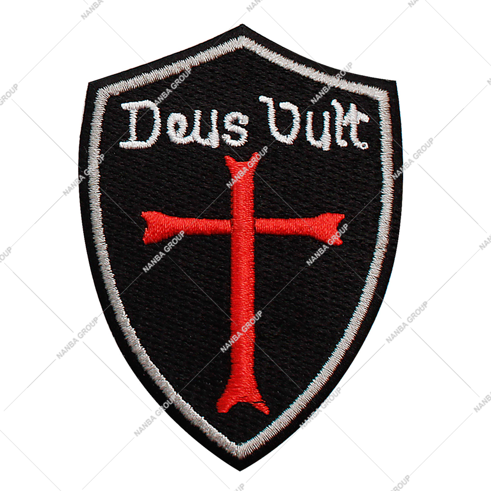Photo-07 Custom Embroidered Iron-On Deus Vult Templar Knight Patch Red Cross on Black Shield Design with Hook Backing for Apparel & Hats - Image 1