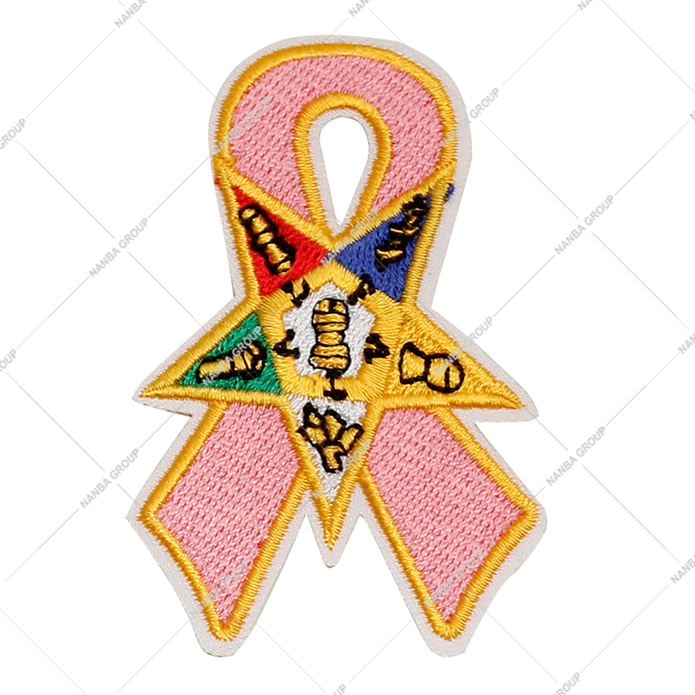 Photo-07 Embroidered Square Iron-On Patch Eastern Star (OES) Breast Cancer Awareness Ribbon Pink Ribbon Overlaid Star Hats Cloth Gifts - Image 1