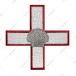 Embroidered Patch Featuring A Silver Scallop Shell Centered On A White Cross With A Red Border