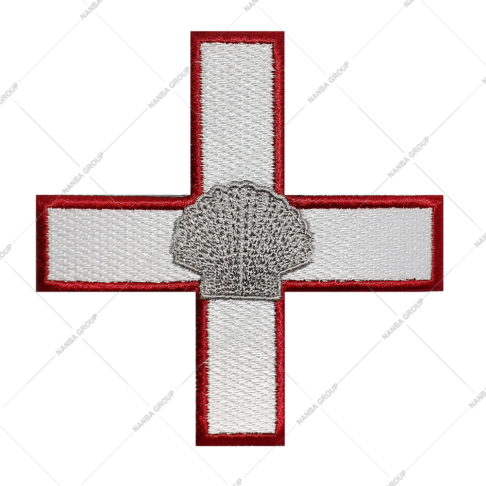 Photo-07 Embroidered Patch Featuring A Silver Scallop Shell Centered On A White Cross With A Red Border - Image 1