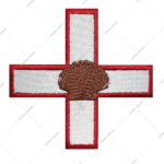 Embroidered Patch Featuring Red And White Cross Adorned With A Brown Seashell Icon