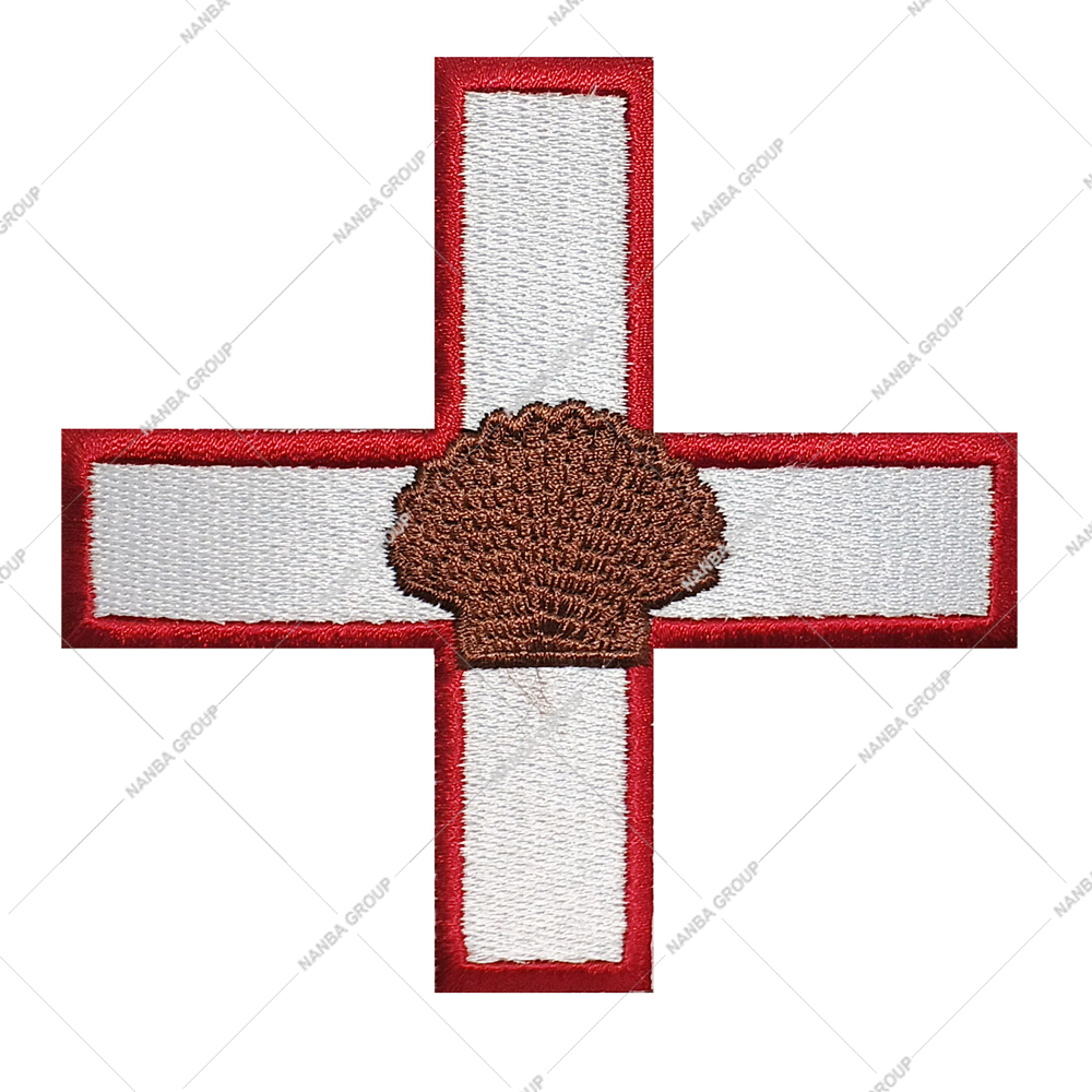 Photo-07 Embroidered Patch Featuring Red And White Cross Adorned With A Brown Seashell Icon - Image 1