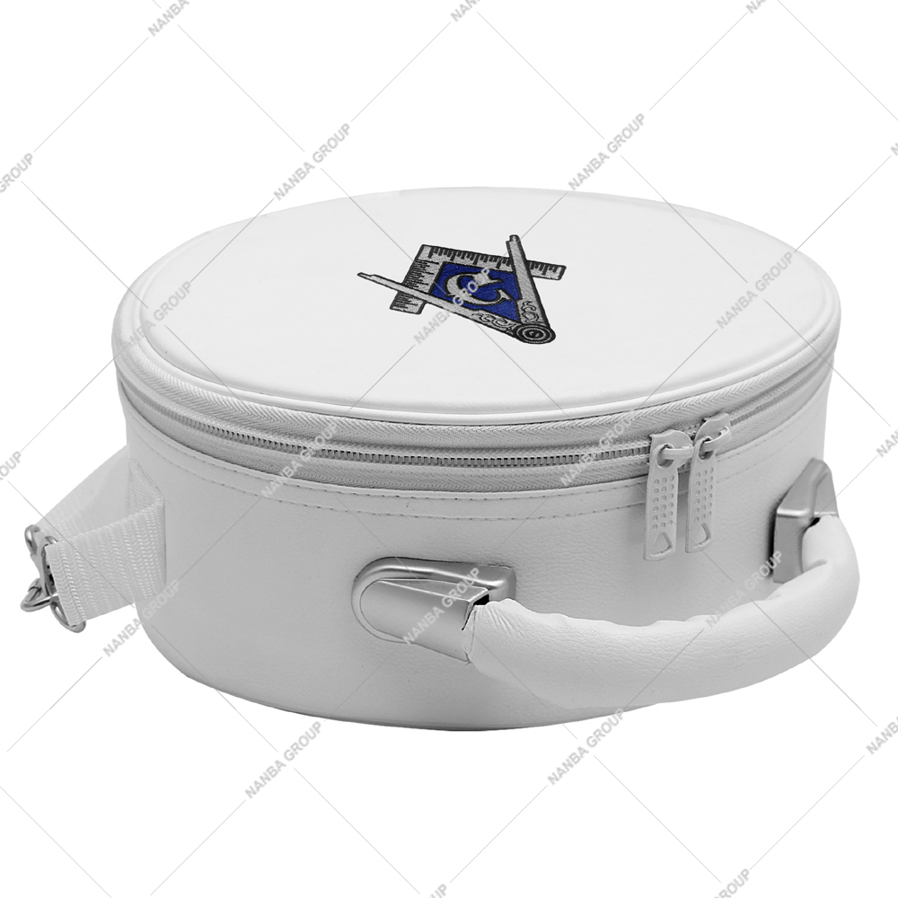 Photo-08 White Masonic Cap Case Featuring Embroidered Square and Compasses Emblem - Image 1