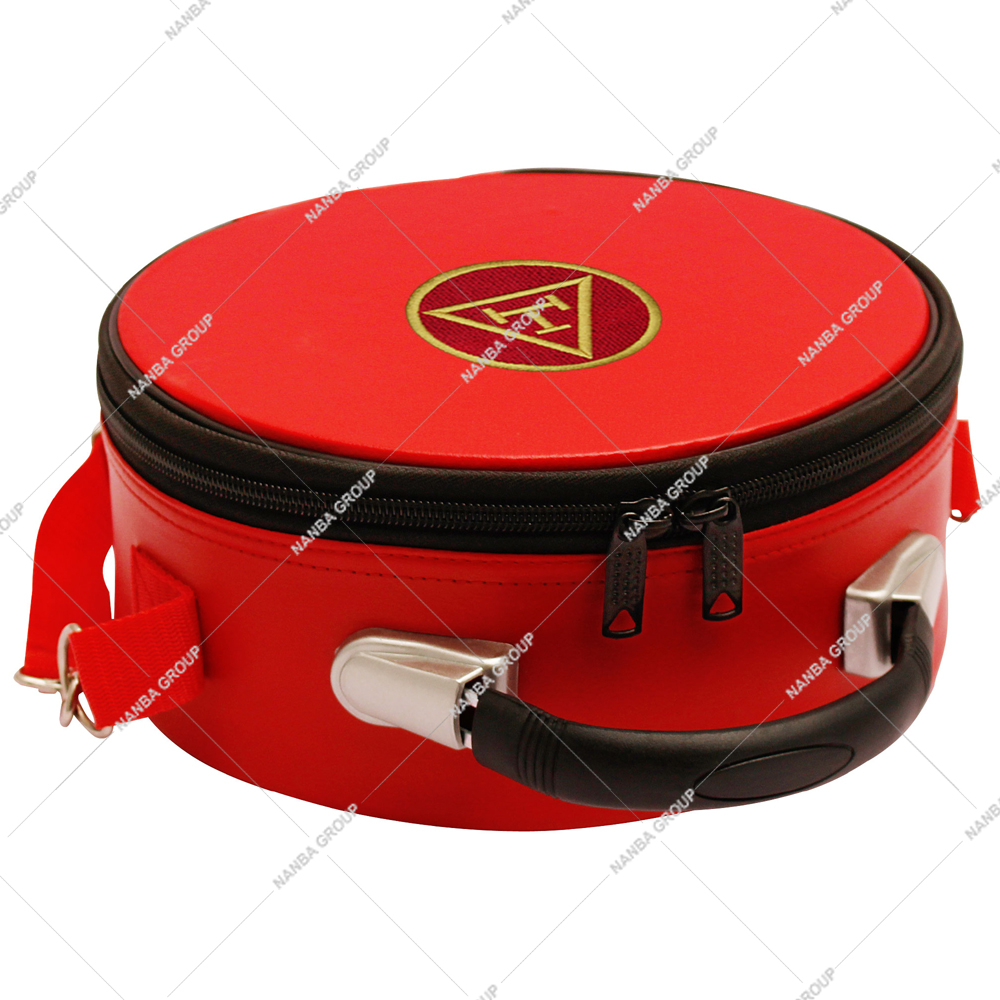 Photo-08 Masonic Royal Arch Chapter Crown Cap Case in Red Imitation Leather With a White Machine-Embroidered Triple Tau Emblem - Image 1