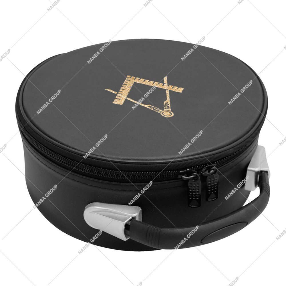 Photo-06 Masonic Cap Crown Case Black Imitation Leather with Gold Embroidered Square and Compass Emblem - Image 1