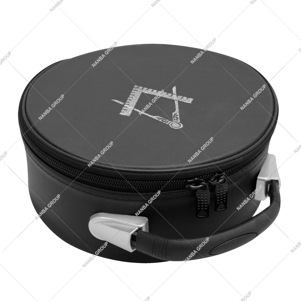 Photo-06 Masonic Cap Crown Case Black Imitation Leather with White Embroidered Square Compass Emblem Zipper Closure Excellent Protection - Image 1