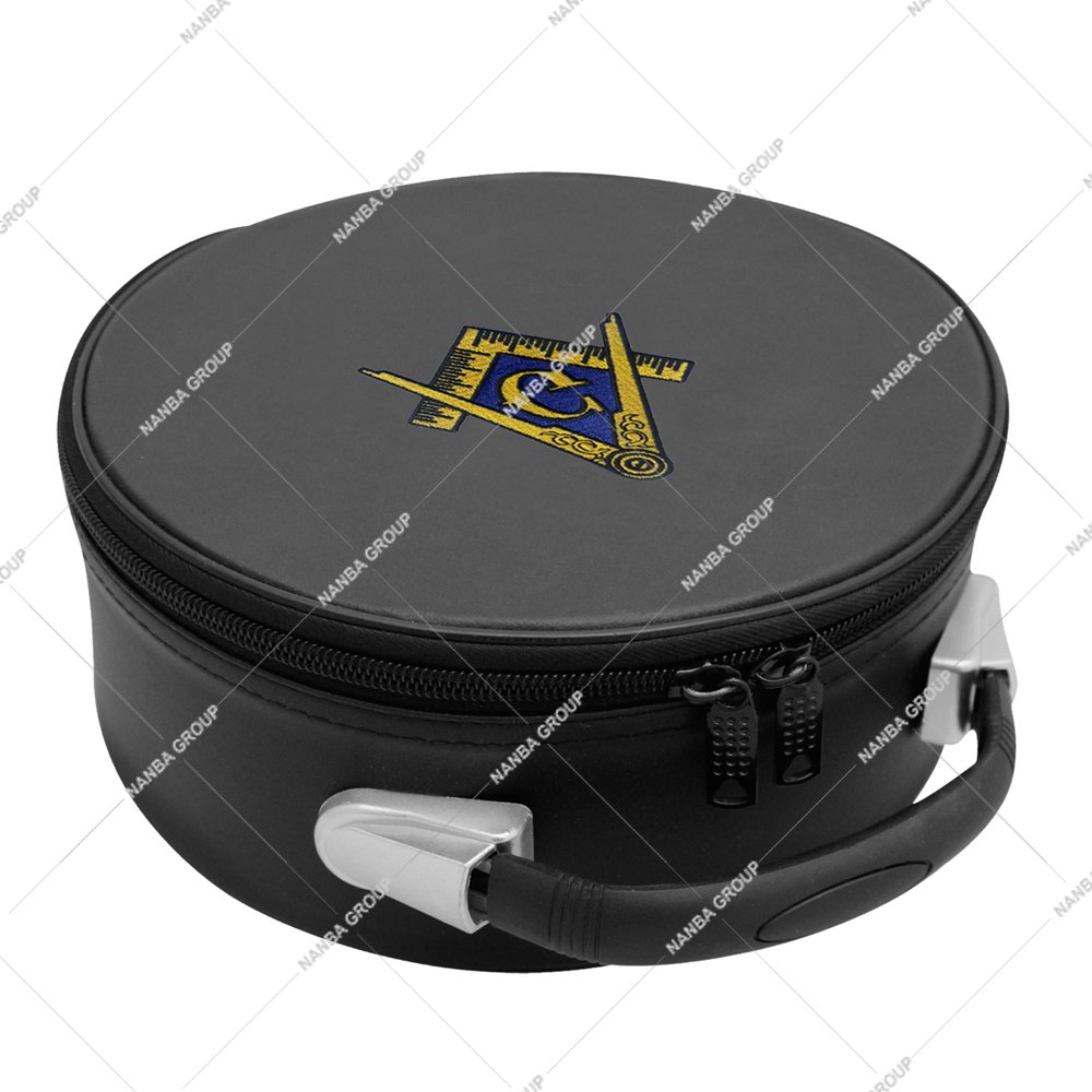 Photo-06 Black Square Compass & G Machine Embroidered Gold Masonic Cap Crown Case with Zipper Closure Lightweight Imitation Leather - Image 1