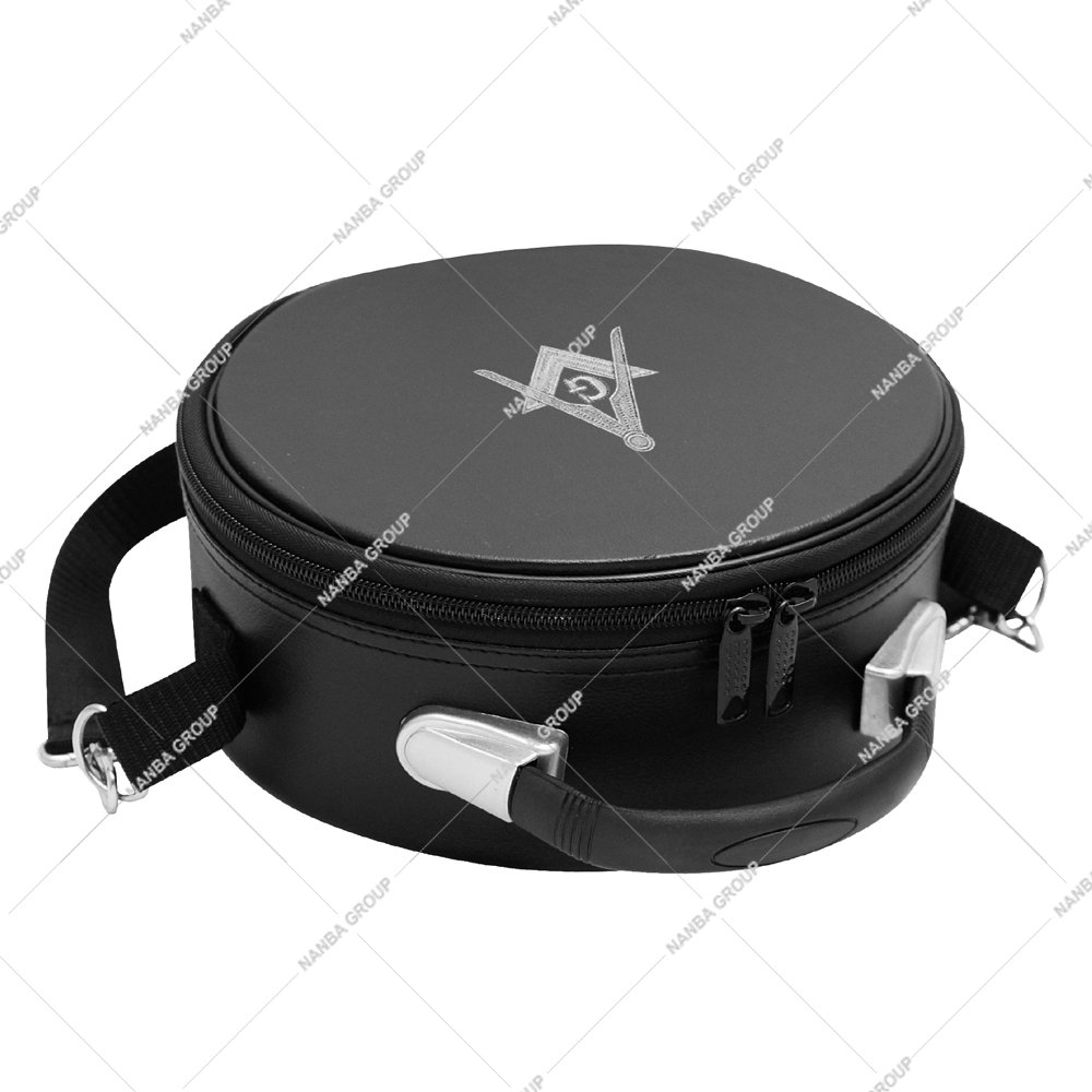 Photo-08 Masonic Cap Crown Case Black Imitation Leather White Hand Embroidery Square & Compass (G) Hat/Cap Storage Box - Image 1