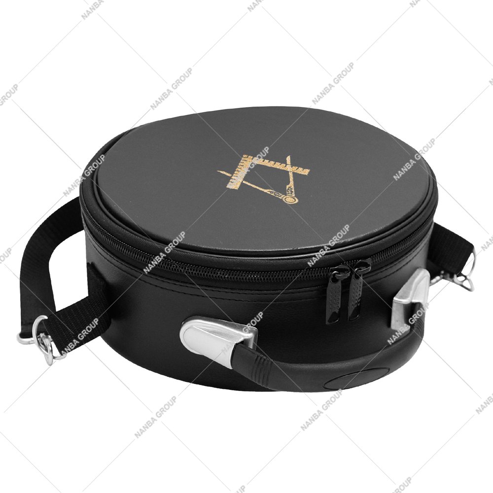 Photo-08 Nanba Group Masonic Cap Crown Case Crafted from Black Imitation Leather with Gold Embroidered Square and Compass Emblem - Image 1