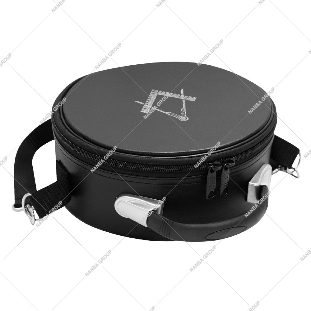 Photo-08 Nanba Group Masonic Cap Crown Case Black Imitation Leather with White Embroidered Square and Compass Emblem - Image 1