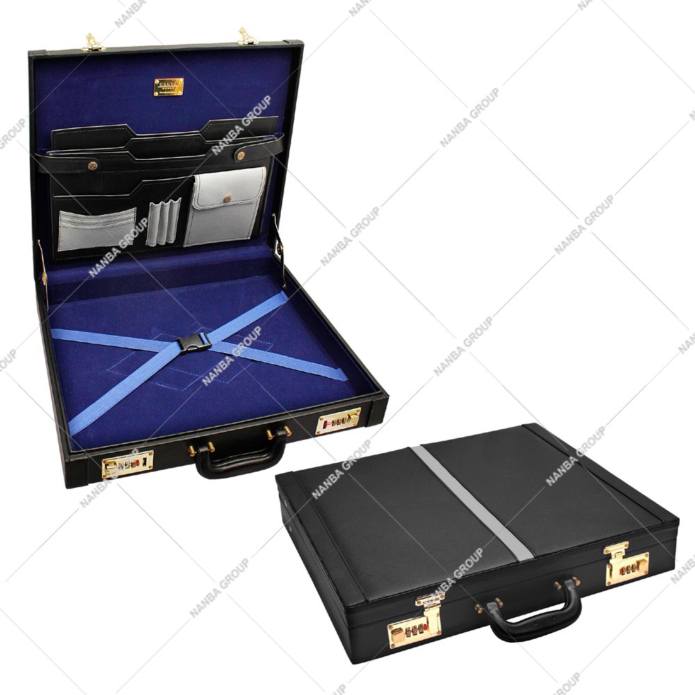 Nanba Group Watermark copy Masonic Regalia Provincial Apron Hard Case features a black leather exterior with secure gold combination locks - Image 1